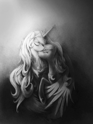 Size: 1200x1600 | Tagged: safe, artist:murphylaw4me, princess celestia, princess luna, alicorn, pony, g4, female, grayscale, hug, mare, monochrome, sketch, traditional art