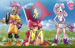 Size: 1280x824 | Tagged: safe, artist:mauroz, apple bloom, scootaloo, sweetie belle, human, g4, bow, clothes, cloud, cutie mark crusaders, dress, female, flag, grass, hair bow, humanized, looking at you, open mouth, schrödinger's pantsu, skirt, sky, tree, zettai ryouiki