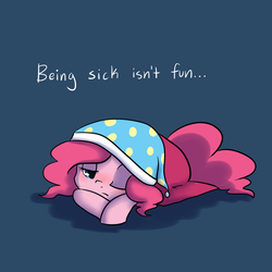 Size: 1000x1000 | Tagged: safe, artist:maplesunrise, pinkie pie, earth pony, pony, ask snuggle pie, g4, blanket, blue background, blushing, cute, diapinkes, female, hat, nightcap, one eye closed, prone, sick, simple background, solo, truth
