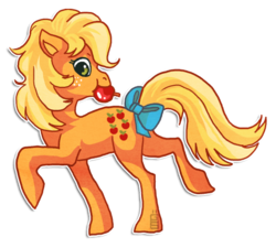 Size: 568x512 | Tagged: safe, artist:griffsnuff, applejack (g1), pony, g1, apple, female, food, looking back, mouth hold, solo, tail bow