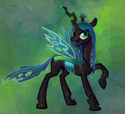 Size: 1213x1112 | Tagged: safe, artist:fjording, queen chrysalis, changeling, changeling queen, g4, crown, female, glowing, glowing horn, horn, jewelry, regalia, solo