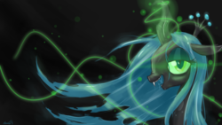 Size: 1920x1080 | Tagged: safe, artist:balderdashington, queen chrysalis, changeling, changeling queen, g4, crown, female, glowing, glowing horn, horn, jewelry, magic, regalia, solo, wallpaper