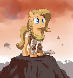 Size: 800x856 | Tagged: safe, artist:doomy, oc, oc only, oc:backy, earth pony, pony, armor, cliff racer, crossover, female, mare, morrowind, netch, solo, the elder scrolls, tumblr
