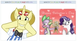 Size: 579x306 | Tagged: safe, artist:brainchildeats, artist:rachihg, flim, rarity, spike, g4, exploitable meme, female, flower, juxtaposition, juxtaposition win, male, ship:sparity, shipping, straight, valentine's day