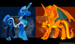 Size: 900x537 | Tagged: safe, artist:renepolumorfous, blastoise, charizard, pokémon, ponified