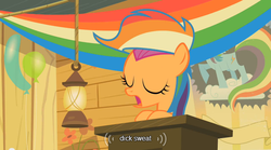 Size: 500x277 | Tagged: safe, screencap, scootaloo, pony, g4, the mysterious mare do well, female, rainbow wig, solo, youtube caption