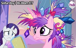 Size: 707x450 | Tagged: safe, screencap, princess cadance, rarity, g4, games ponies play, my little pony: friendship is magic, bad hair, hub logo