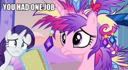 Size: 655x361 | Tagged: safe, edit, edited screencap, screencap, princess cadance, rarity, g4, games ponies play, my little pony: friendship is magic, caption, you had one job