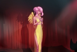 Size: 1571x1068 | Tagged: safe, artist:glasmond, fluttershy, human, g4, clothes, dress, flattershy, humanized, microphone, side slit, skinny, thin, wallpaper, winged humanization