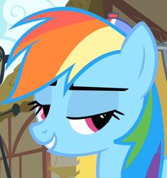 Size: 561x597 | Tagged: safe, screencap, pinkie pie, rainbow dash, pegasus, pony, g4, party of one, bedroom eyes, bust, cropped, offscreen character, portrait, solo