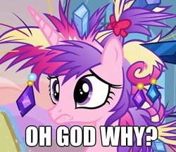 Size: 450x391 | Tagged: safe, edit, edited screencap, screencap, princess cadance, g4, games ponies play, my little pony: friendship is magic, all caps, bad hair, caption, frown, image macro, why