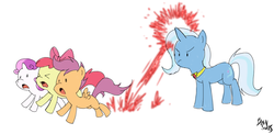 Size: 1516x737 | Tagged: safe, artist:brainsucks, apple bloom, scootaloo, sweetie belle, trixie, earth pony, pegasus, pony, unicorn, g4, ><, alicorn amulet, cutie mark crusaders, eyes closed, laser, magic, magic blast, simple background, white background