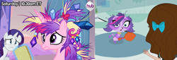 Size: 1230x420 | Tagged: source needed, safe, anonymous artist, anonymous editor, edit, edited screencap, screencap, princess cadance, rarity, g4, games ponies play, bad hair, bad hair day, bad mane day, blythe baxter, comparison, duo, duo female, female, funny, hilarious, hub logo, hubble, littlest pet shop, meme, mirror, open mouth, shocked, shocked expression, shocked eyes, surprised, surprised face, that's my x, zoe trent