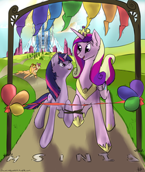 Size: 4975x5900 | Tagged: safe, artist:blindcoyote, apple bloom, applejack, princess cadance, twilight sparkle, alicorn, earth pony, pony, unicorn, g4, games ponies play, absurd resolution, balloon, crystal empire, race, sisters-in-law, three legged, unicorn twilight