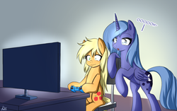 Size: 948x594 | Tagged: safe, artist:reikomuffin, applejack, princess luna, g4, bed mane, controller, hatless, insomnia, loose hair, missing accessory, s1 luna, television