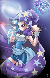 Size: 824x1280 | Tagged: safe, artist:mauroz, trixie, twilight sparkle, human, g4, cape, clothes, cufflinks, doll, female, hat, humanized, my little pony logo, solo, trixie's cape, trixie's hat, voodoo doll