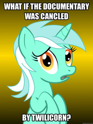 Size: 625x833 | Tagged: safe, lyra heartstrings, pony, unicorn, g4, alicorn drama, conspiracy lyra, docudrama, drama, exploitable meme, gradient background, looking at you, meme, meta, misspelling, open mouth