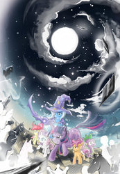 Size: 744x1075 | Tagged: safe, artist:memories-n-raindrops, apple bloom, scootaloo, spike, sweetie belle, trixie, twilight sparkle, g4, chess, cover art, cutie mark crusaders, fanfic art, moon, snow, snowfall