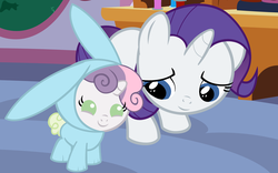 Size: 4352x2720 | Tagged: safe, artist:beavernator, rarity, sweetie belle, pony, g4, baby, baby belle, baby pony, bunny belle, bunny costume, bunny pajamas, clothes, cute, diasweetes, female, filly, filly rarity, foal, younger