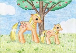 Size: 900x635 | Tagged: safe, artist:normaleeinsane, applejack (g1), baby applejack, earth pony, pony, g1, apple, apple tree, baby, baby jackabetes, baby pony, bow, closed mouth, colored pencil drawing, cute, duo, female, filly, foal, food, g1 jackabetes, mare, mother and child, mother and daughter, outdoors, smiling, tail, tail bow, traditional art, tree