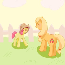 Size: 500x500 | Tagged: safe, artist:nyankamedon, apple bloom, applejack, g4, accessory swap, pixiv