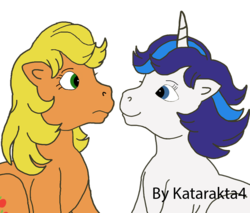 Size: 900x768 | Tagged: safe, artist:katarakta4, applejack (g1), glory, earth pony, pony, unicorn, g1, duo, female, looking at each other, mare, signature, simple background, transparent background