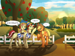 Size: 1415x1066 | Tagged: safe, artist:jewlecho, applejack, flam, flim, g4, apple, clothes, cloud, cloudy, flim flam brothers, leaf, leafstache, moustache, orchard, shadow, sweet apple acres