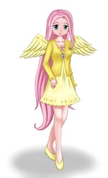 Size: 623x1024 | Tagged: safe, artist:pennygu, artist:小甜鴞, fluttershy, human, g4, clothes, dress, female, humanized, pixiv, solo, winged humanization