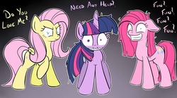 Size: 2250x1250 | Tagged: safe, artist:firebrandkun, fluttershy, pinkie pie, twilight sparkle, g4, insanity, pinkamena diane pie