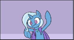 Size: 661x367 | Tagged: safe, artist:valcron, trixie, pony, unicorn, g4, animated, bipedal, blue background, colored pupils, female, flailing, frown, looking at you, mare, simple background, solo, the plan, underhoof, wide eyes