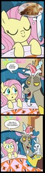 Size: 682x2585 | Tagged: safe, artist:madmax, angel bunny, discord, fluttershy, draconequus, pegasus, pony, rabbit, g4, bed, bedroom, blush sticker, blushing, comic, dream, female, hat, male, nightcap, q, star trek, star trek: the next generation, thought bubble, trio