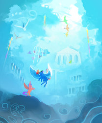 Size: 833x1000 | Tagged: safe, artist:sayuri1314, rainbow dash, scootaloo, pegasus, pony, g4, background pony, cloudsdale, flying, rearing