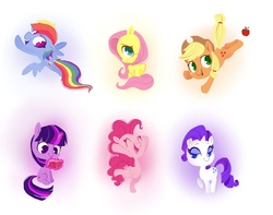 Size: 1131x891 | Tagged: safe, artist:foohbunny, artist:skadafrod, applejack, fluttershy, pinkie pie, rainbow dash, rarity, twilight sparkle, pony, unicorn, g4, apple, book, chibi, cute, food, magic, mane six, pixiv, reading, telekinesis, unicorn twilight