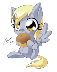 Size: 2382x2988 | Tagged: safe, artist:shinta-girl, derpy hooves, pegasus, pony, g4, chibi, female, mare, muffin, simple background, solo, transparent background