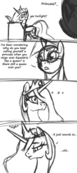 Size: 853x1920 | Tagged: safe, artist:ldr, princess celestia, twilight sparkle, g4, ..., comic, frown, hair over one eye, princess, queen, quill, smiling, wide eyes, writing