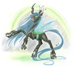 Size: 811x726 | Tagged: safe, artist:ryuza, queen chrysalis, changeling, changeling queen, a canterlot wedding, g4, colored pencil drawing, female, rearing, solo, traditional art, wayback machine source
