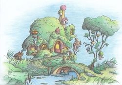 Size: 2327x1632 | Tagged: safe, artist:patoriotto, g4, fluttershy's cottage, house, pixiv, scenery, traditional art