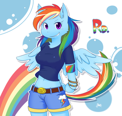 Size: 1000x948 | Tagged: safe, artist:gatto, rainbow dash, pegasus, anthro, g4, arm hooves, bracelet, breasts, chest fluff, clothes, female, jewelry, midriff, pixiv, shirt, shorts, solo, t-shirt