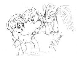 Size: 3124x2370 | Tagged: safe, artist:jcosneverexisted, applejack, rainbow dash, g4, female, lesbian, monochrome, ship:appledash, shipping, tail pull