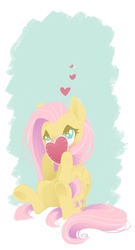 Size: 656x1217 | Tagged: safe, artist:parfywarfy, part of a set, fluttershy, pegasus, pony, g4, blushing, female, floating heart, folded wings, heart, hiding face, holiday, hoof hold, looking up, mare, part 1, shy, sitting, solo, valentine's day, valentine's day card, wings
