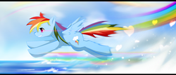 Size: 750x321 | Tagged: safe, artist:wolfyato, rainbow dash, pegasus, pony, g4, female, flying, rainbow trail, solo, water