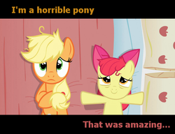 Size: 629x482 | Tagged: safe, edit, edited screencap, screencap, apple bloom, applejack, earth pony, pony, apple family reunion, g4, bed, caption, female, filly, implied foalcon, implied incest, implied sex, mare, on back, out of context, pillow
