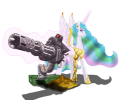 Size: 2000x1590 | Tagged: safe, artist:cyb3rwaste, princess celestia, alicorn, cyborg, pony, g4, female, gun, magic, mare, minigun, simple background, solo, transparent background, weapon