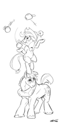 Size: 799x1662 | Tagged: safe, artist:boreddrawfag, applejack, big macintosh, earth pony, pony, g4, balance, balancing, female, hat, headstand, juggling, lineart, male, mare, pile, stallion