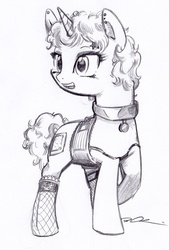 Size: 497x736 | Tagged: safe, artist:trips-ocho, oc, oc only, pony, unicorn, bandaid, clothes, collar, corset, ear piercing, fishnets, horn, lineart, looking back, monochrome, piercing, raised hoof, simple background, solo, traditional art, unicorn oc, white background