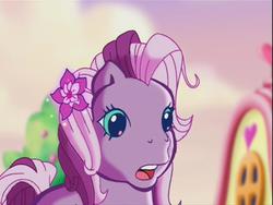 Size: 640x480 | Tagged: safe, screencap, wysteria, earth pony, pony, g3, the princess promenade, cloud, female, flower, flower in hair, house, mare, multicolored mane, multicolored tail, open mouth, shocked, surprised, teal eyes, tree