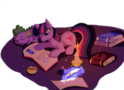 Size: 800x585 | Tagged: safe, artist:butterscotch25, spike, twilight sparkle, g4, book, magic, quill, reading, sleeping, writing