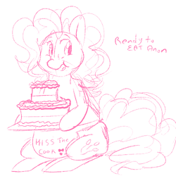 Size: 500x500 | Tagged: safe, artist:mt, pinkie pie, g4, apron, cake, clothes, fat, monochrome, sketch