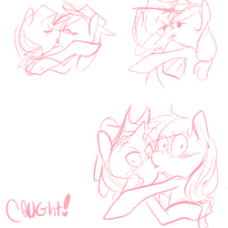 Size: 500x500 | Tagged: safe, artist:mt, applejack, rarity, g4, blushing, caught, female, hat, kissing, lesbian, monochrome, ship:rarijack, shipping, sketch