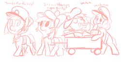 Size: 800x500 | Tagged: safe, artist:mt, apple bloom, scootaloo, sweetie belle, tag-a-long, g4, cart, clothes, cookie, eating, filly guides, monochrome, riding, thin mint, uniform
